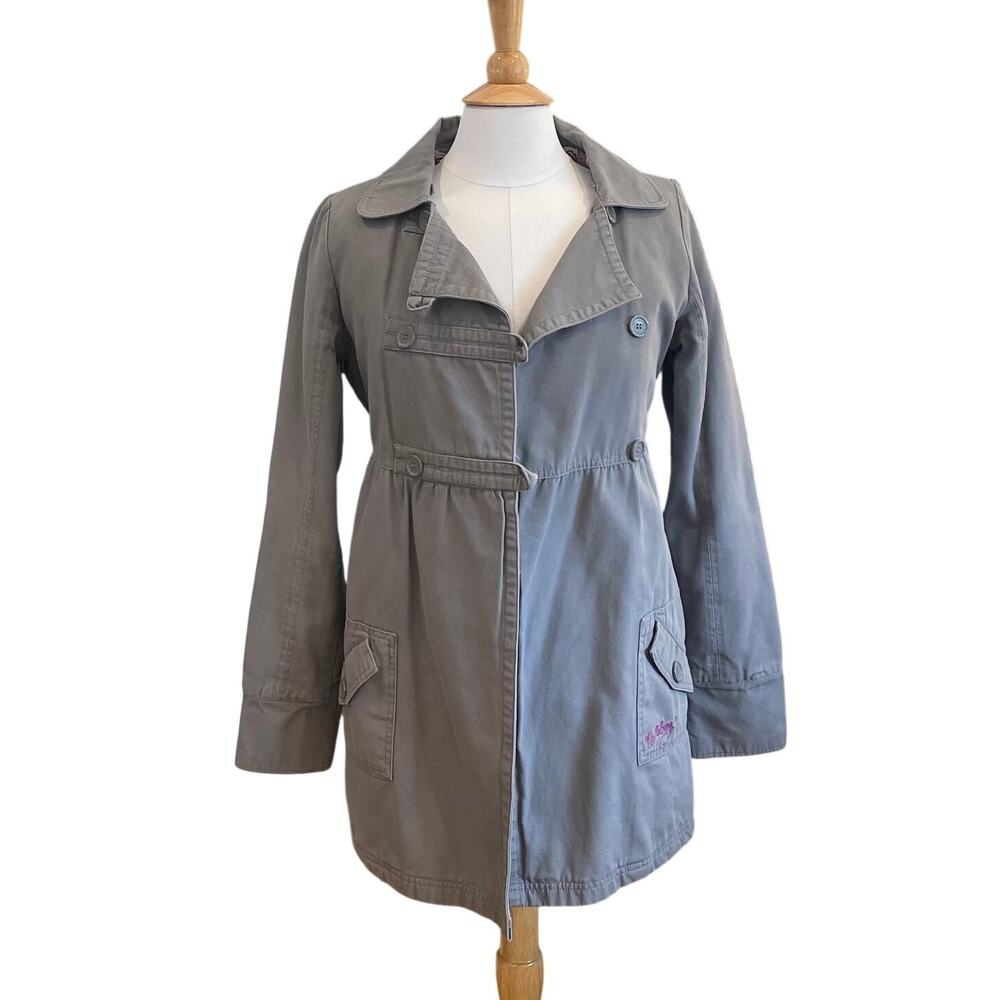 VTG Y2K Billabong Gray Cotton Canvas Trench Coat Peacoat  Jacket Pink Lining S